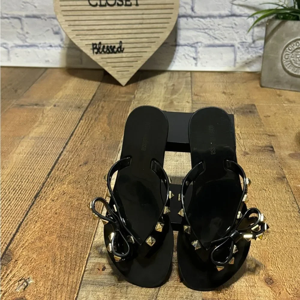 Melissa Harmonic Studs Flip Flops Sandals Bow Detail in Black Gold Size 13